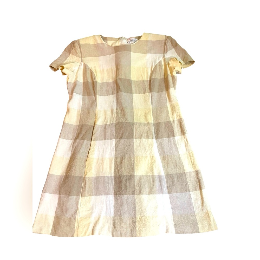 Talbots Petites tan yellow cream Short Sleeve Vintage Dress sz 12P linen pockets - Picture 3 of 13